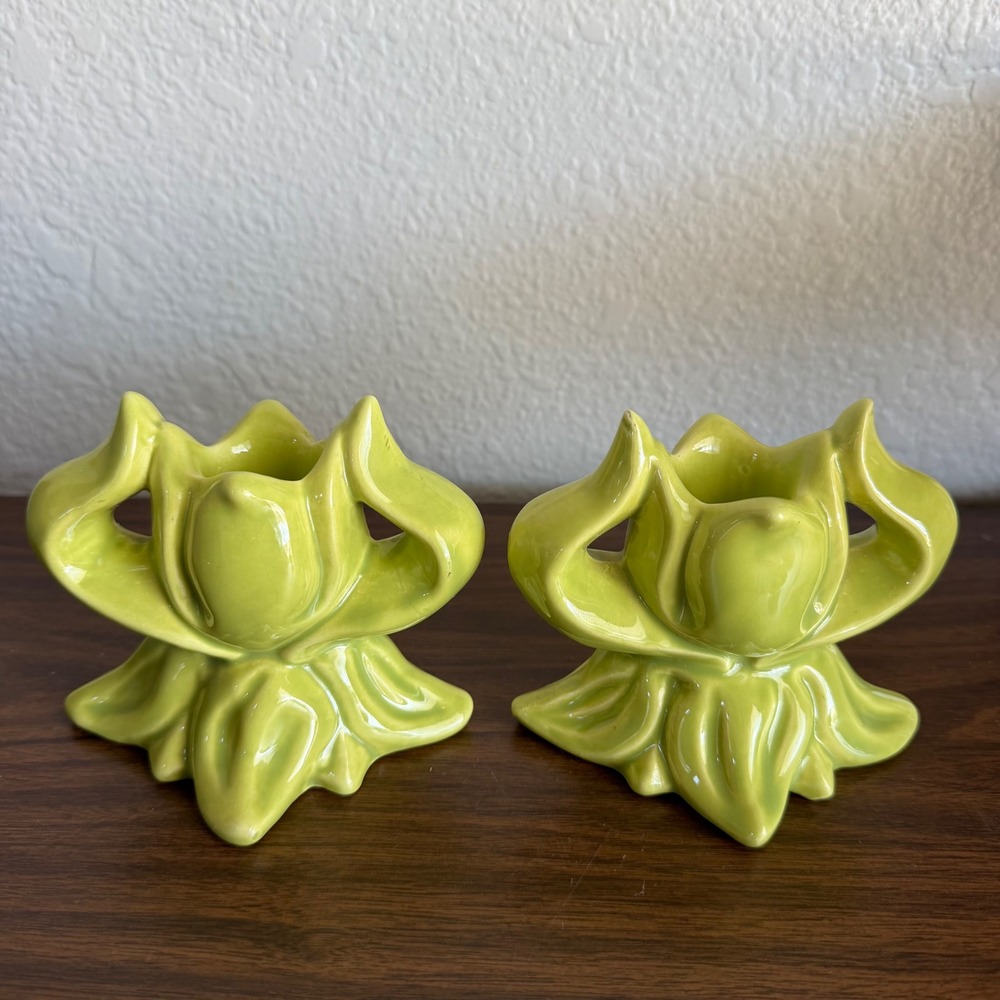 Vintage Chartreuse Green Ceramic Tulips Floral Candle Holder Set of 2 MCM READ